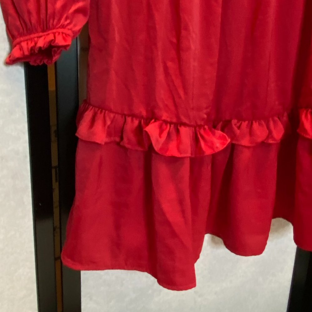 Knox Rose Red Satin Ruffled XS Mini Dress Gathered Scoop Neck Long Sleeve NEW - Picture 6 of 8